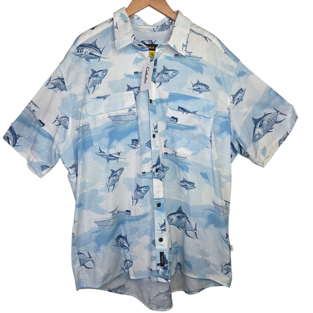 Cabelas Fishing Shirt‎ Men Blue Vented Button Shirt SZ 2XL Tuna Fish Graphic NWT